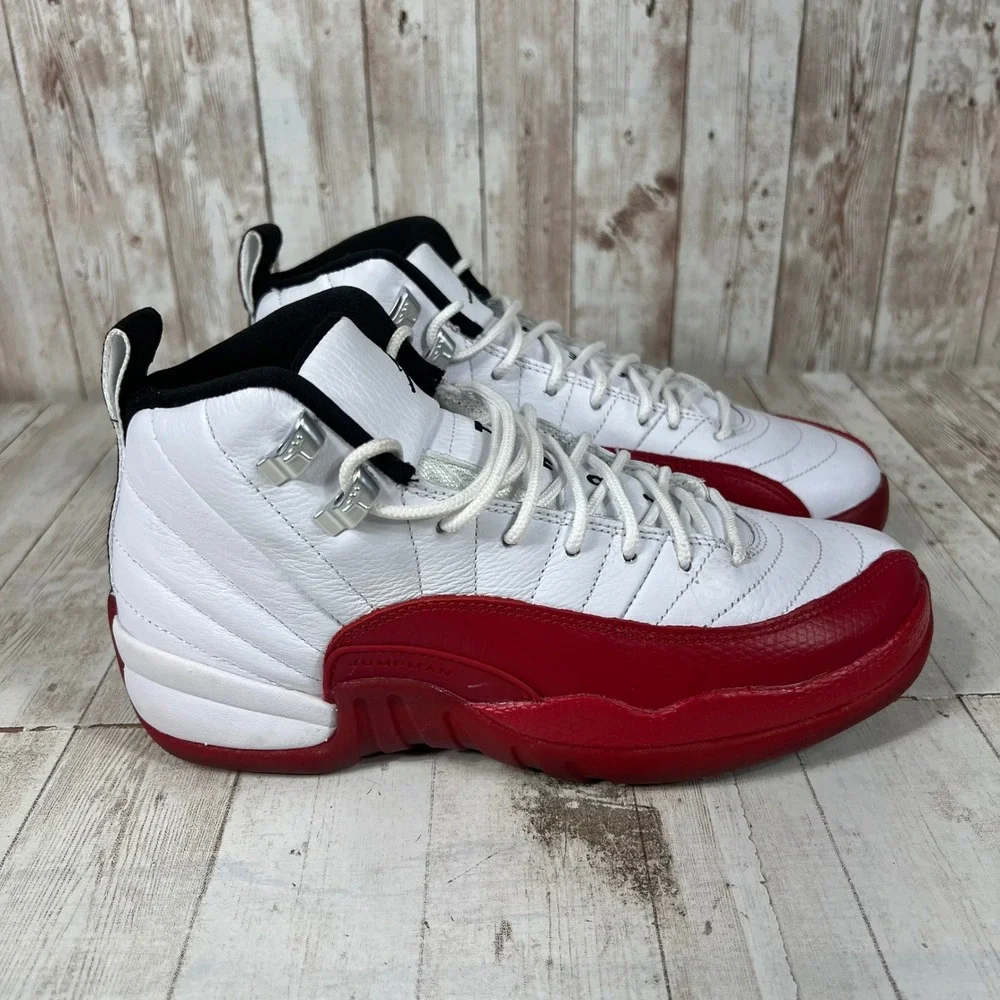 Jordan 12 Retro Cherry White Red Black Kids Sneakers 153265-116 Size 5.5Y